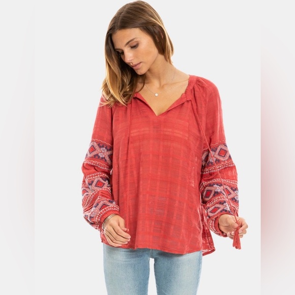 Dylan Tops - DYLAN Tala Embroidered Tunic Blouse Woven Textured Geometric Nomad Red Size M
